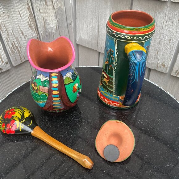 Isidoro Mexico Painted Stein Terracota Pitcher Magnet Wooden Spoon Floral Set - Picture 14 of 16